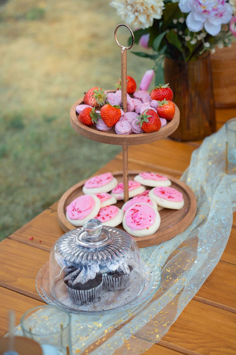 A two-tier wooden dessert stand holding strawberries, pink macarons and frosted sugar cookies, with a glass domed tray covering a chocolate cupcake on the picnic table below.