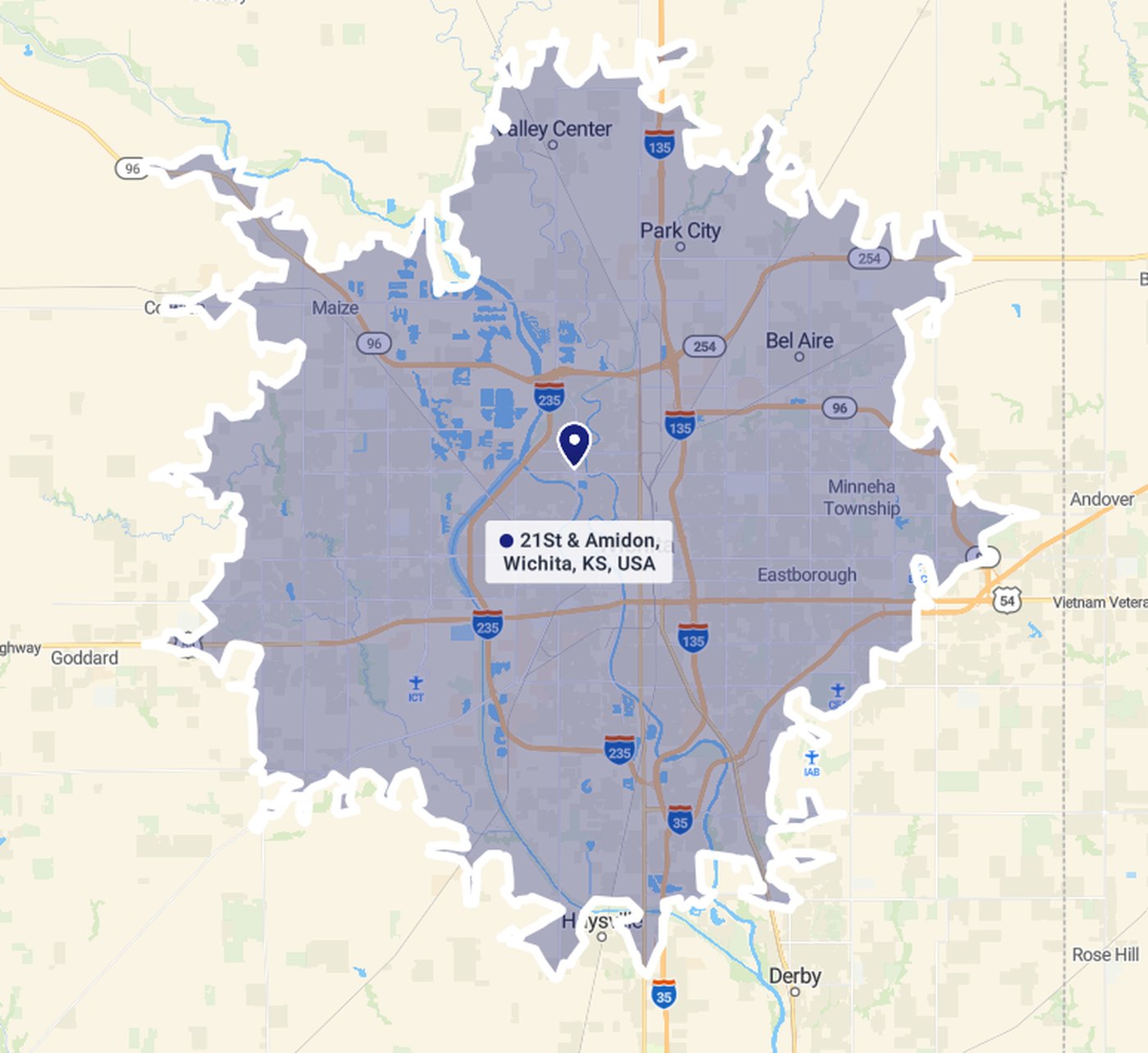 Map of the Ready. Set. Picnic. on-site service area around Wichita, Kansas,
                  centred on the pickup location near 21st Street and Amidon Avenue
                  and reaching Valley Center, Park City, Bel Aire, Maize, Goddard,
                  Haysville and Derby
